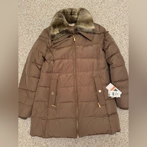 MICHAEL Michael Kors Brown Puffer Coat with Faux Fur Trim